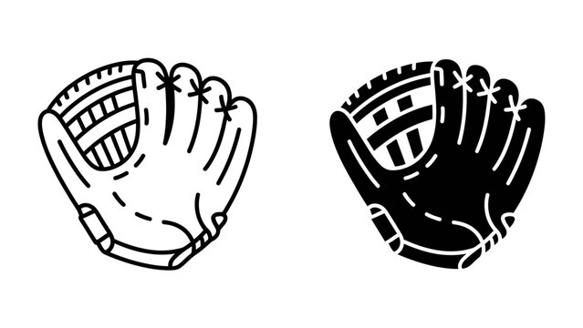 Baseball Glove Icon Duo: A pair of baseball gloves, one outlined and one solid black silhouette, presented as minimalist icons for sports and athletic representation.