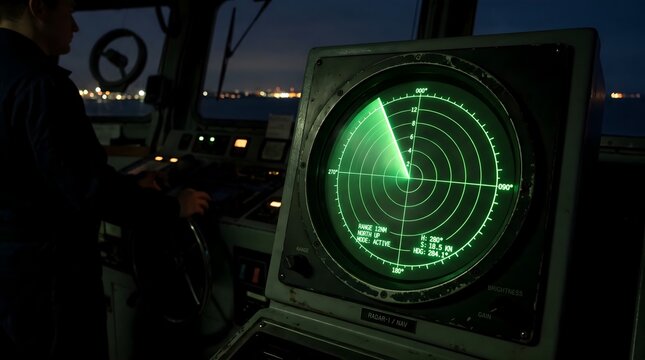 A close-up view of a radar screen on a ship at night, showing a green display with various signals. A person's hand is visible on the steering wheel, navigating through the dark sea.