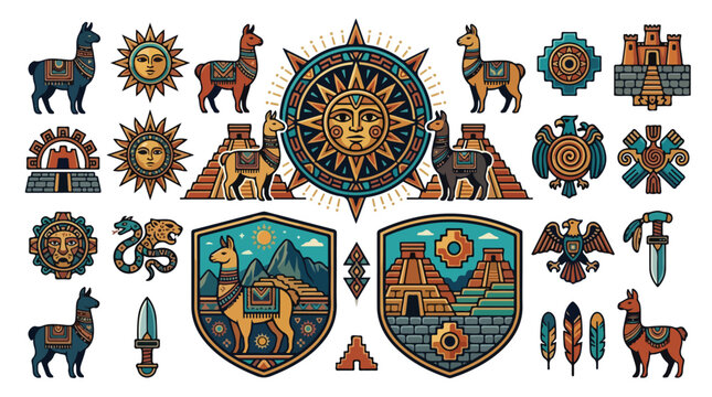 Collection of Aztec and Inca Inspired Symbols Featuring Llamas Sun Pyramids Eagles and Feathered Serpent Designs for Cultural and Historical Themes