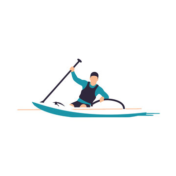 Vector illustration of a traditional Polynesian outrigger canoe boat leaning on water, featuring a wooden hull, ama stabilizer, and structural yakos for ocean navigation and racing.