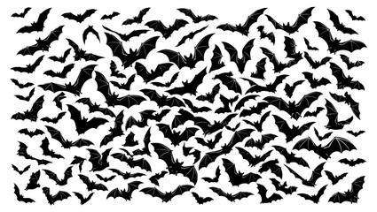 Fototapeta premium A large flock of flying bats in black silhouette on a white background for halloween decorations and designs