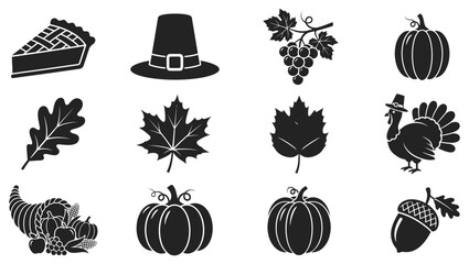 Black thanksgiving icons set including turkey pumpkin pie and leaves © Shahriar Ahamed