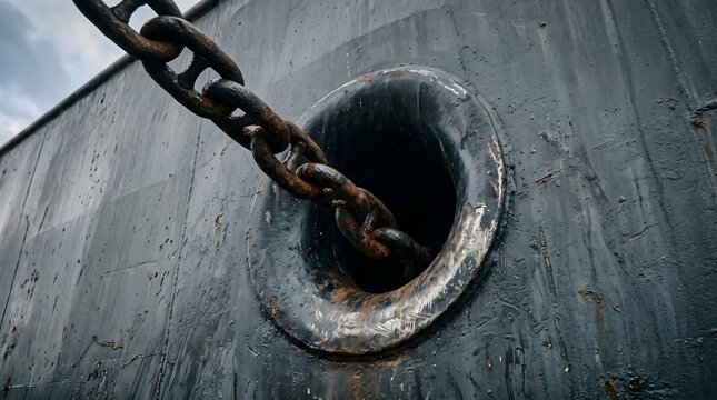 A close-up, weathered shot of a thick, rusty anchor chain being fed through a heavy-duty metal hawsehole on a ship