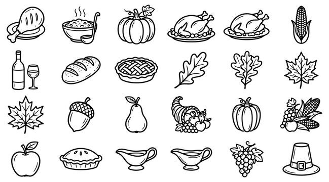 Thanksgiving day hand drawn doodle icons set with traditional fall harvest elements and festive dinner items