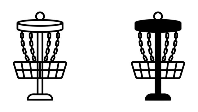 Disc Golf Basket Icon: A clean, vector graphic representation of a disc golf basket, showcasing both a black and white outline and a solid black silhouette version of this essential sports equipment.