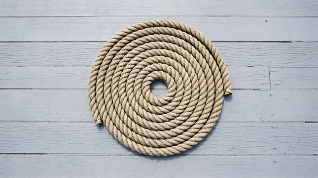 A coiled rope lying on a light-colored wooden surface. The rope is thick and made of natural fibers, arranged in a perfect spiral shape