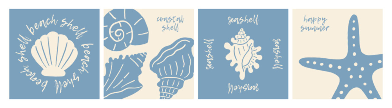 Coastal poster collection with seashell, conch and starfish illustrations. Minimal blue and cream marine designs with handwritten summer lettering, ideal for print, card and beach decor