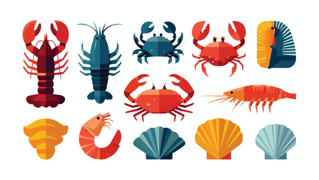 Colorful marine crustaceans and shells with vibrant hues on a white background for ocean life and underwater ecosystem themes
