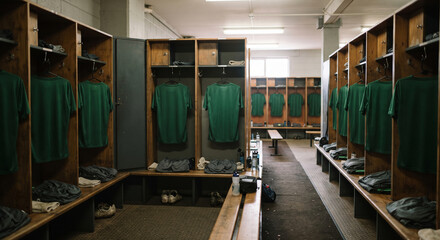 Empty soccer team locker room with green uniforms hanging in wooden cubbies, benches, gear, and bright overhead lights before play © intimehole