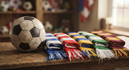 Soccer ball on a wooden table with colorful supporter scarves folded beside it, warm indoor light, and soft sports decor © intimehole