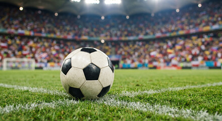 Soccer ball on a stadium field with bright floodlights, blurred colorful crowd, white line, and strong match night atmosphere © intimehole