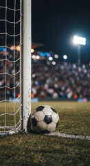 Soccer ball beside a goalpost inside the net with stadium floodlights and blurred spectators behind in a night match scene © intimehole