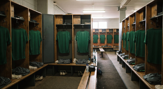 Empty soccer team locker room with green uniforms hanging in wooden cubbies, benches, gear, and bright overhead lights before play
