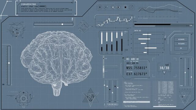 Animated display of a high-tech interface with brain research data