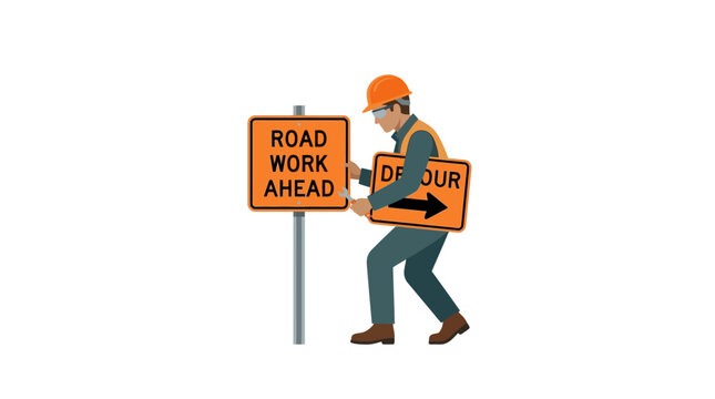 Construction Worker Installing Road Work Ahead and Detour Signs