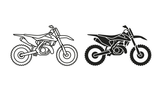 Motocross Bike Outline and Silhouette: Two detailed illustrations of a motocross motorcycle, one in outline style and the other in solid silhouette.