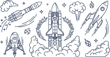 Space Shuttle and Rocket Ship Line Art Vector Set with Spacecraft Launch Fire Trails Smoke Clouds and Lunar Lander Icons for Aerospace Designs © Donal! 