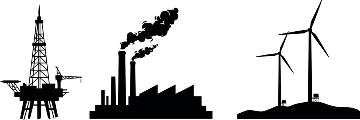 Fototapeta premium Energy Source Silhouettes Showing Oil Rig Factory Pollution and Renewable Wind Turbines