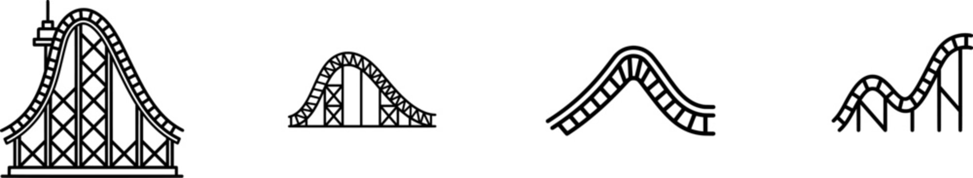 A minimalist black-and-white icon of a rollercoaster track, featuring thick uniform lines against a pure white background, exudes an air of excitement and adventure