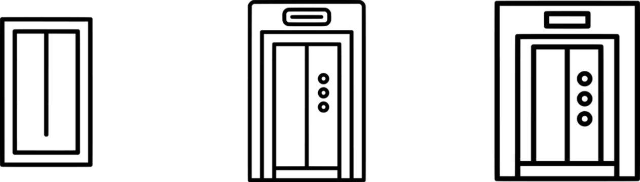 A sleek black outline icon of a modern elevator door, featuring thick uniform lines in a minimalist flat vector style against a pure white background