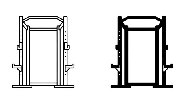 Smith Machine Icon: A clean, minimalist vector graphic of a Smith machine, depicted in both outline and solid black variations. Ideal for fitness apps, gym equipment catalogs.