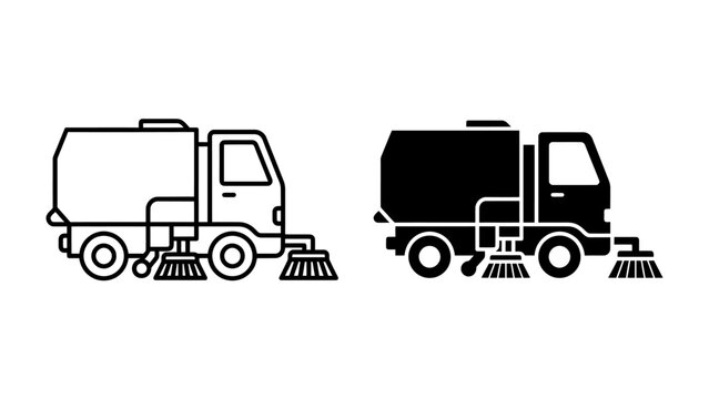 Street Sweeper Machine Icon: A clean vector graphic of a street sweeper machine, presented in both outline and solid black, illustrating a municipal cleaning vehicle ready for service.
