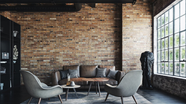 Living room interior in loft, industrial style, 3d render