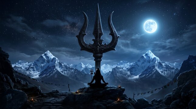  Silhouette of Meditating Lord Shiva at Colossal Trishula Sunset - Mount Kailash Background