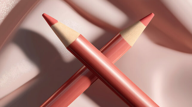 Two Crossed Lip Liner Makeup Pencils on Soft Neutral Background