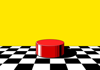 Red round pedestal or podium in pop art comic art with checkered floor and yellow background © swillklitch