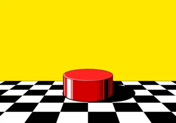 Red round pedestal or podium in pop art comic art with checkered floor and yellow background © swillklitch