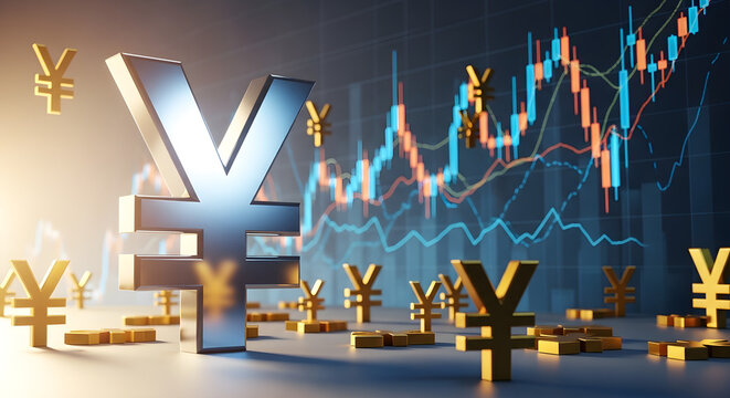 Yuan and Yen currency symbols with stock market chart. 3D financial data visualization. Asian economy and forex trading concept.