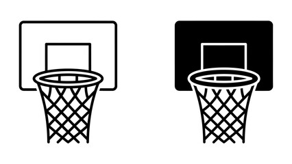 Basketball Hoop Icon Set: A clean and simple depiction of a basketball hoop and net, presented in both outline and solid black versions for versatile design applications. © abu