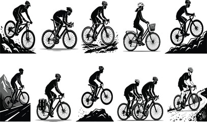 Obraz premium Cycling Activities Road Mountain and Urban Bicycle Riders Black Silhouette Vector Collection for Outdoor Sports