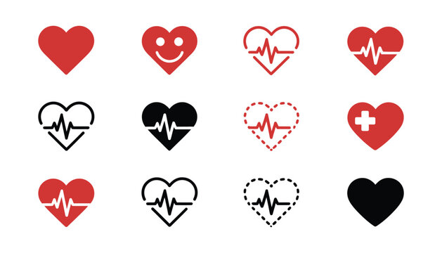 Twelve heart icons with heartbeat lines and plus symbols in red and black colors for healthcare, medical, and wellness designs.