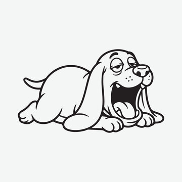 Tired sleepy dog yawning lying down puppy cartoon character lazy basset hound droopy ears line art outline coloring page illustration clipart asset graphics
