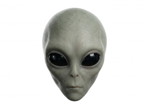 Realistic 3 D render of alien head sculpture isolated on a transparent background