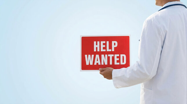 Doctor holding "Help Wanted" sign representing healthcare staffing shortage