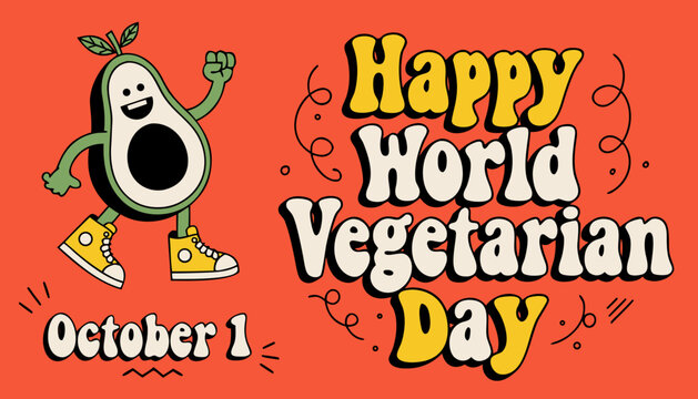 Vegetarian Day, Avocado Cartoon, Happy World Vegetarian Day, October 1st Celebration
