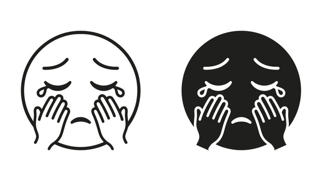 Crying Face Icon: A graphic representation of a sad face, showing tears streaming down from closed eyes and hands covering the face, available in both outline and solid black versions.
