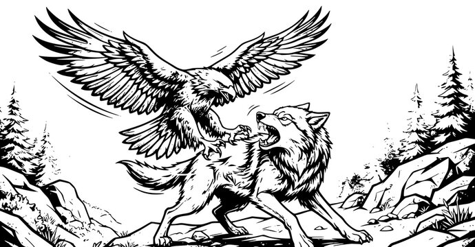Golden Eagle Attacking Gray Wolf in Mountain Wilderness, Dramatic Wildlife Predator Battle, Detailed Nature Vector Illustration