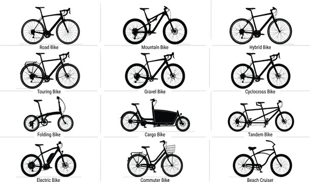 Professional Bicycle Types Vector Illustration Collection Featuring Road Mountain Hybrid Electric Cargo Touring and Commuter Bike Designs