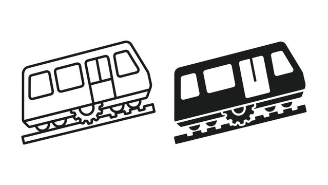 Modern Metro Train Icons: A pair of simplified icons representing a modern metro train, one in outline and the other in solid black, are shown on parallel tracks, showcasing urban transportation.