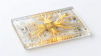 Fototapeta premium Golden circuit board integrated into clear acrylic for futuristic technology concept
