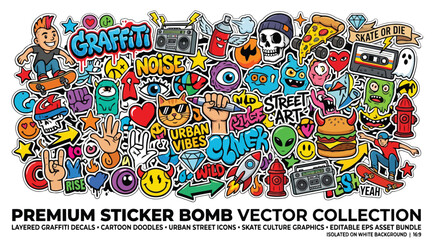 Premium sticker bomb vector collection with graffiti decals, cartoon doodles, urban street icons, and skate culture graphics © S.Siam