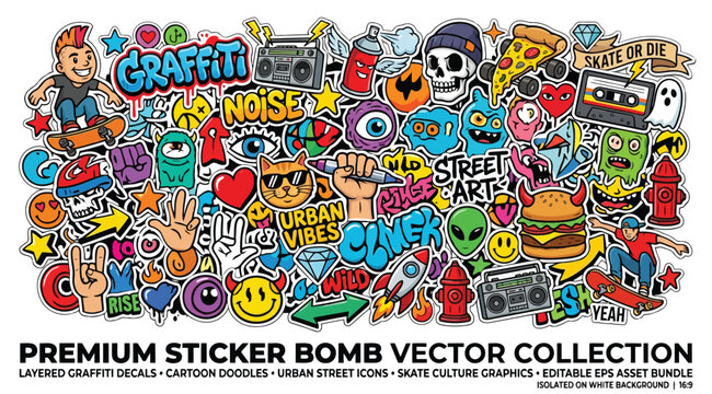 Premium sticker bomb vector collection with graffiti decals, cartoon doodles, urban street icons, and skate culture graphics