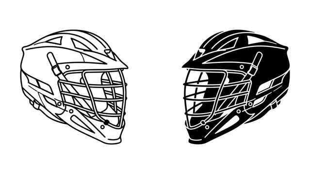 Lacrosse Helmets: A pair of athletic lacrosse helmets, one outlined in white and the other in black, presented side-by-side.