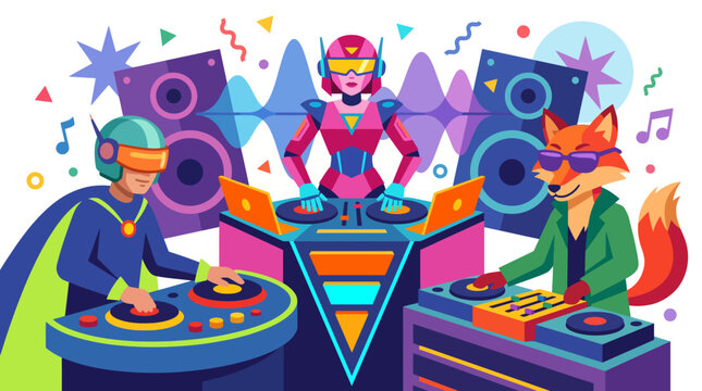 A colorful illustration featuring DJs and vibrant characters mixing music together, encapsulating the energy and excitement of a modern electronic dance party.