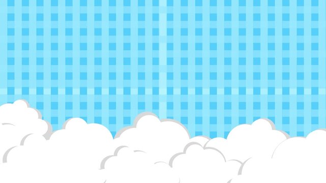 Delightful cute popped white clouds on gingham pattern background. Whimsical retro Y2K, 70s groovy clouds cartoon, animated footage motion graphic loop design.
