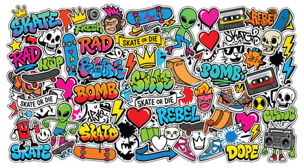 Skate culture sticker bomb collection with graffiti lettering, urban icons, and cartoon characters © S.Siam